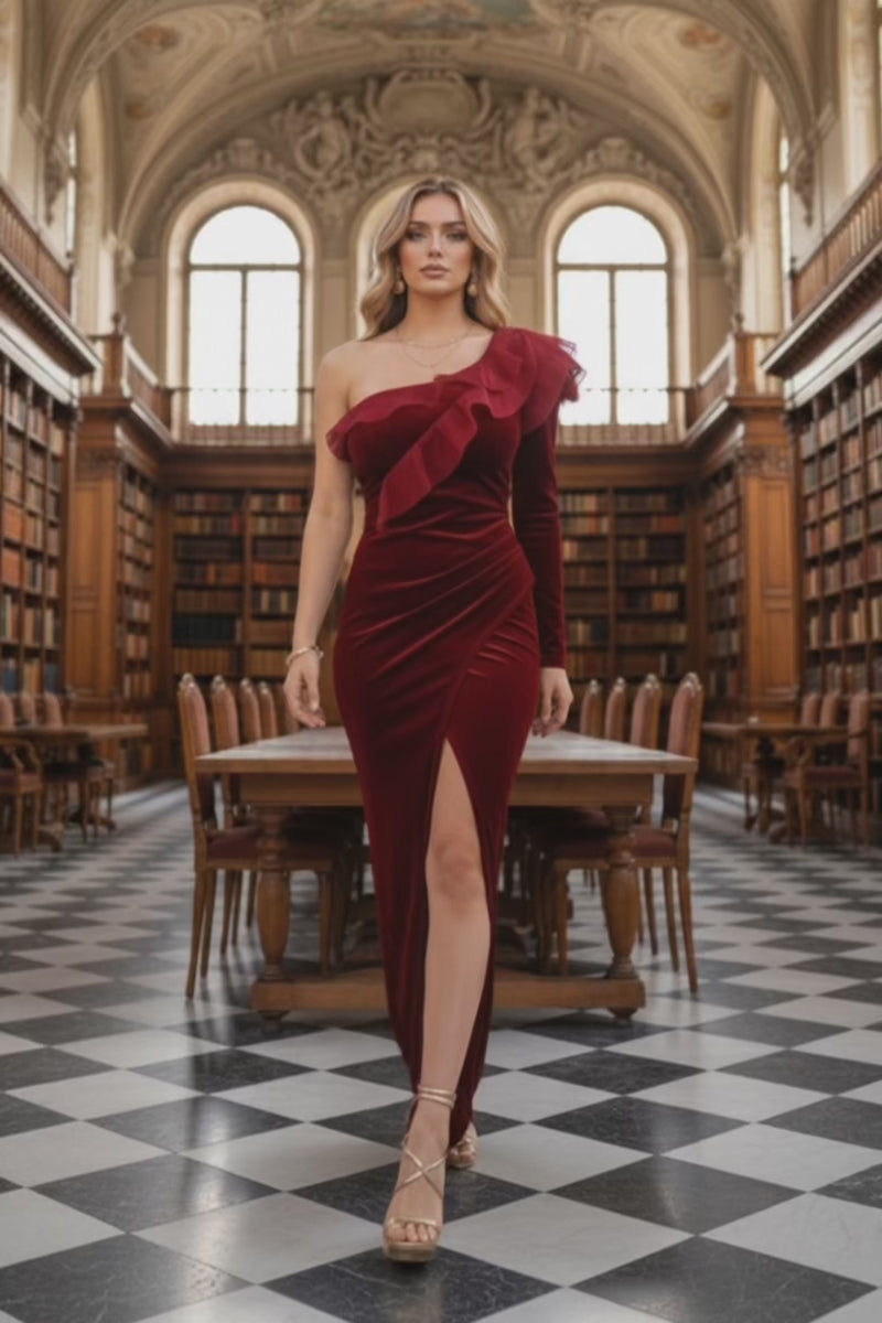 MESH RUFFLE ON VELVET ONE SHOULDER MAXI DRESS